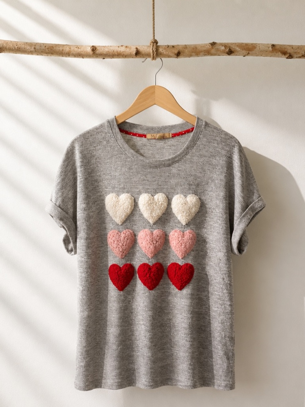 Ladies Gray Short‑Sleeve Tee with Plush Heart Appliqués